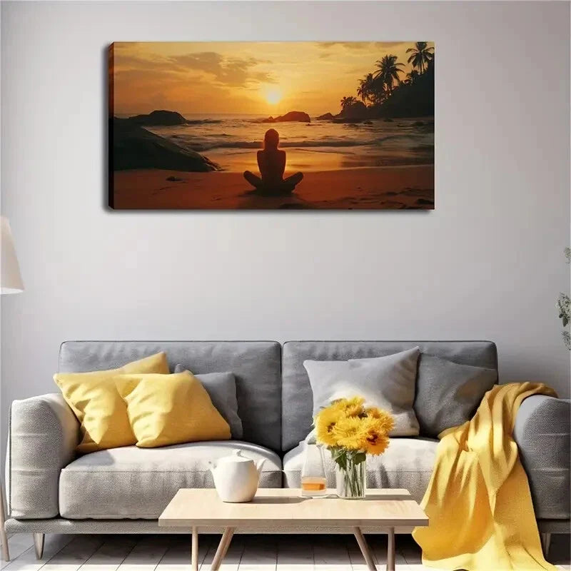Serene Woman Meditating Beach Wall Art Canvas Office Home Room Framed 120x60cm