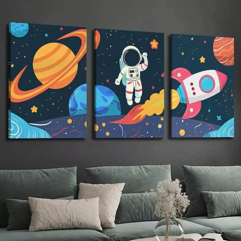 3pcs Vibrant Aesthetic Space-Themed Astronaut Wall Art Set Canvas Framed 40x60cm - High Quality Print 100% Australian Made Wall Canvas Ready to Hang