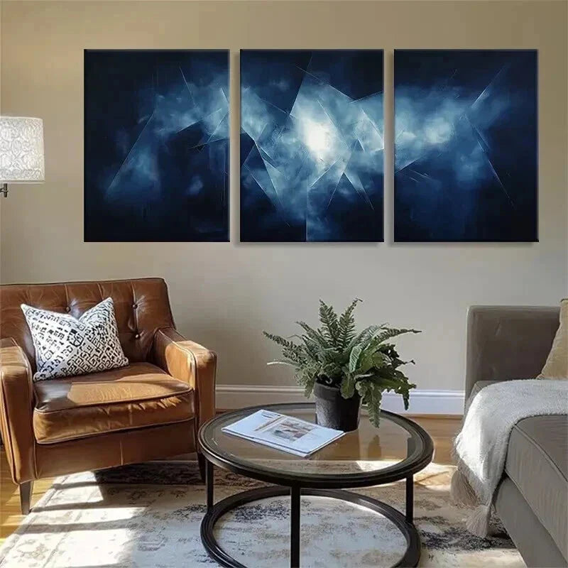 3pcs Abstract Blue Geometric and Light Effects Wall Art Set Canvas Framed 40x60cm - High Quality Print 100% Australian Made Wall Canvas Ready to Hang