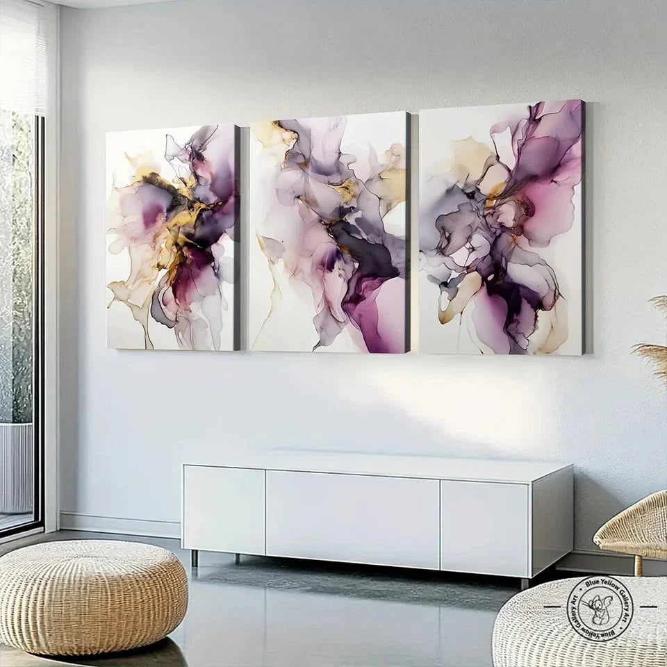 3pcs Marble Golden Foil Purple Modern Elegant Wall Art Set Canvas Framed 40x60cm - High Quality Print 100% Australian Made Wall Canvas Ready to Hang