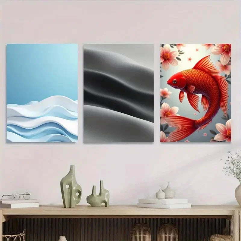 3pcs Black Silk & Goldfish Design Metal Print Ready to Hang Art