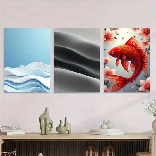 3pcs Black Silk & Goldfish Design Metal Print Ready to Hang Art
