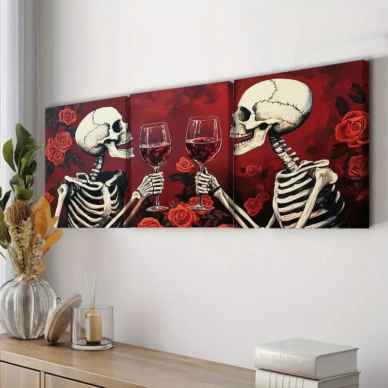 3pcs Skeleton Wine Glasses Red Roses Perfect Wall Art Set Canvas Framed 40x60cm - High Quality Print 100% Australian Made Wall Canvas Ready to Hang