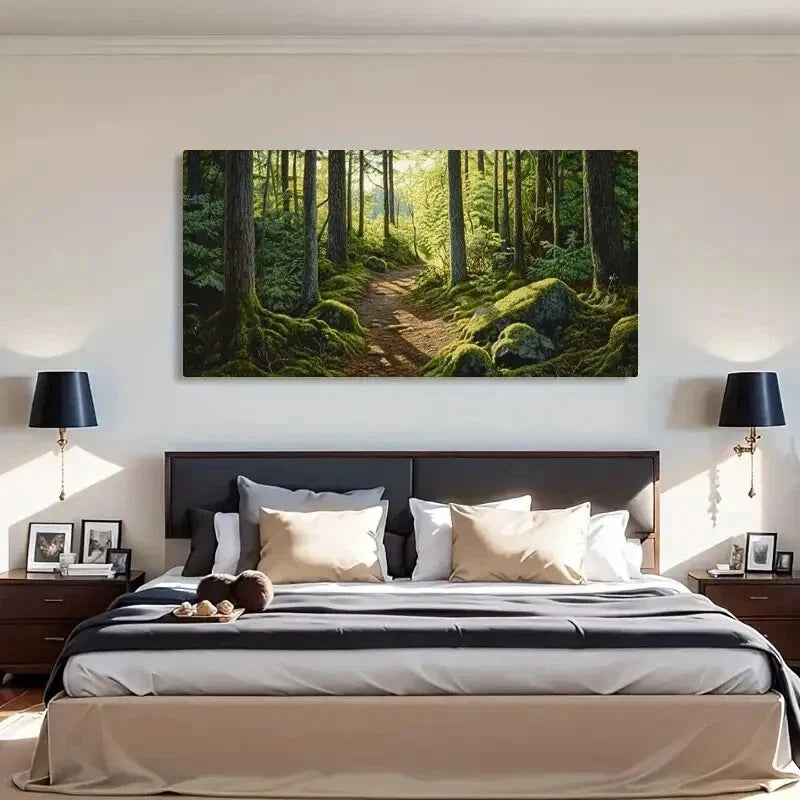 Mossy Trees & Sunlit Pathway Wall Art Canvas Office Home Room Framed 80x45cm