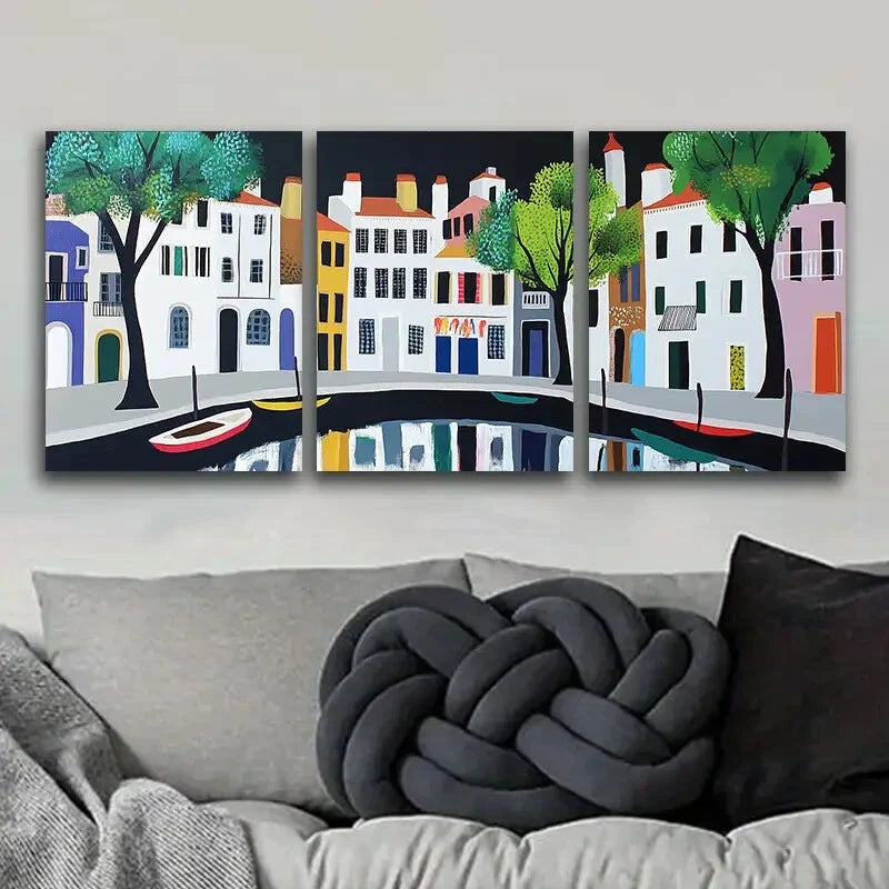 3pcs Ancient city canal Art Painting Metal Print Ready to Hang Art