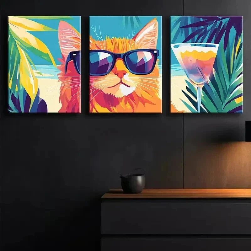 3pcs Tropical Cat with Glasses Colorful Perfect Wall Art Set Canvas Framed 40x60cm - High Quality Print 100% Australian Made Wall Canvas Ready to Hang
