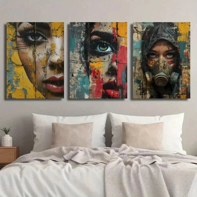 3pcs Abstract Colorful Human Faces Wall Art Set Canvas Framed 40x60cm - High Quality Print 100% Australian Made Wall Canvas Ready to Hang