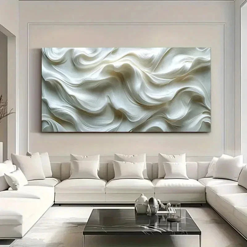 Modern White Wavy Decor Wall Art Canvas Office Home Room Framed 80x45cm