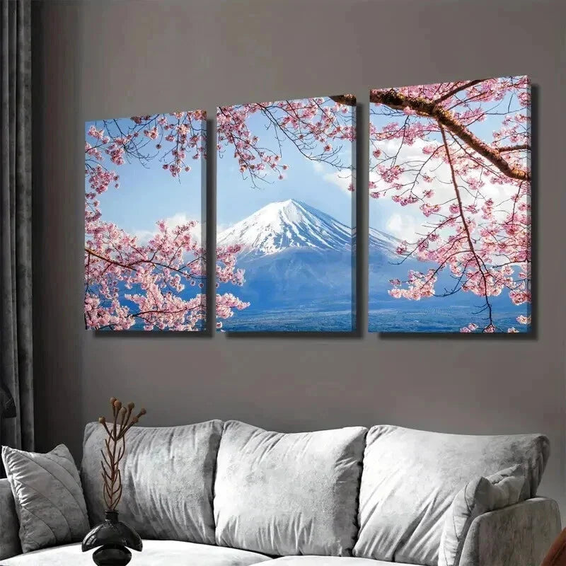 3pcs Cherry Blossom & Mount Fuji Pink Trees Wall Art Set Canvas Framed 40x60cm - High Quality Print 100% Australian Made Wall Canvas Ready to Hang