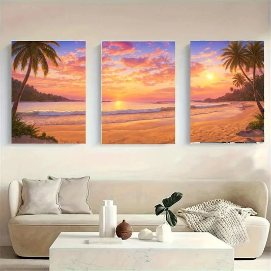 3pcs A Vibrant Sunset Over a Tropical Beach Metal Print Ready to Hang Art