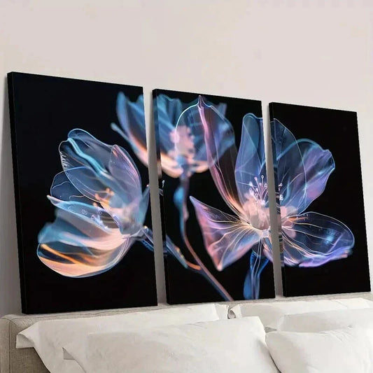 3pcs Vibrant Pink and Blue Crystal Flowers Wall Art Set Canvas Framed 40x60cm - High Quality Print 100% Australian Made Wall Canvas Ready to Hang