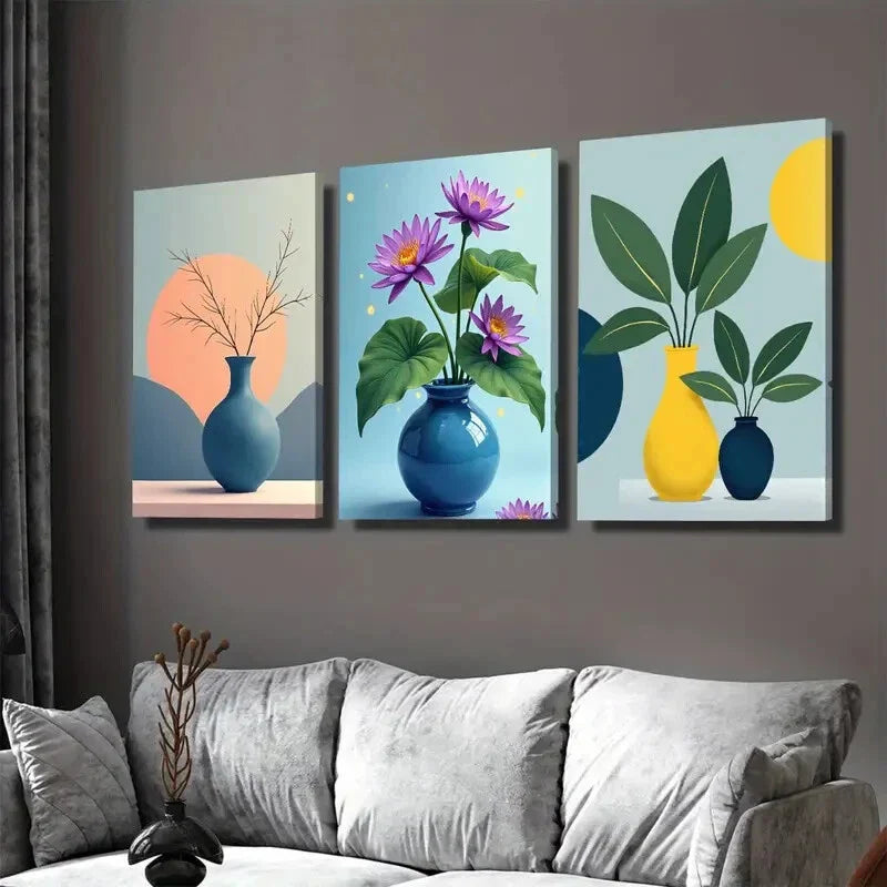 3pcs Bright Flower And Vase Triptych Modern Wall Art Set Canvas Framed 40x60cm - High Quality Print 100% Australian Made Wall Canvas Ready to Hang