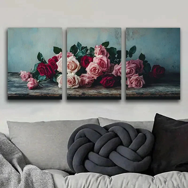 3pcs Oil painting pink and white rose Metal Print Ready to Hang Art