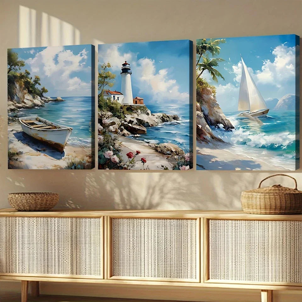 3pcs Beach House Light House Sail Boat Blue Sky Wall Art Set Canvas Framed 40x60cm - High Quality Print 100% Australian Made Wall Canvas Ready to Hang