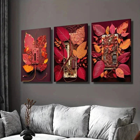 3pcs Red Circuit Board with Leaves Wall Art Set Canvas Framed 40x60cm - High Quality Print 100% Australian Made Wall Canvas Ready to Hang