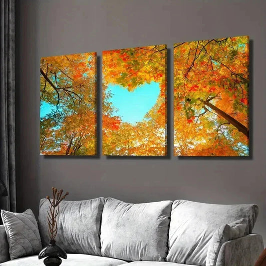 3pcs Heart Shaped Autumn Forest Trees Wall Art Set Canvas Framed 40x60cm - High Quality Print 100% Australian Made Wall Canvas Ready to Hang