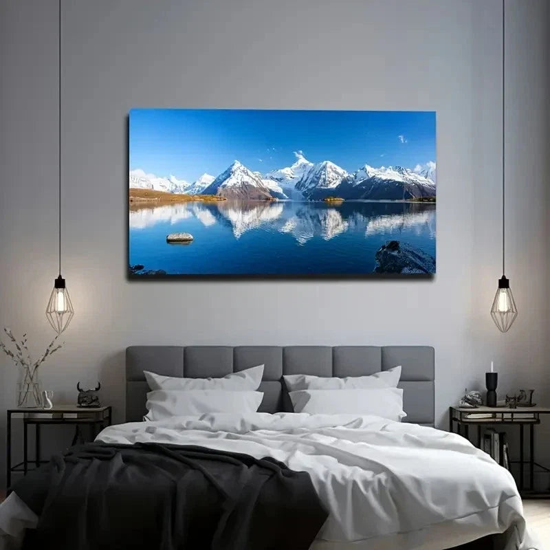 Snow-Capped Mountains Blue Sky Wall Art Canvas Office Home Room Framed 80x45cm