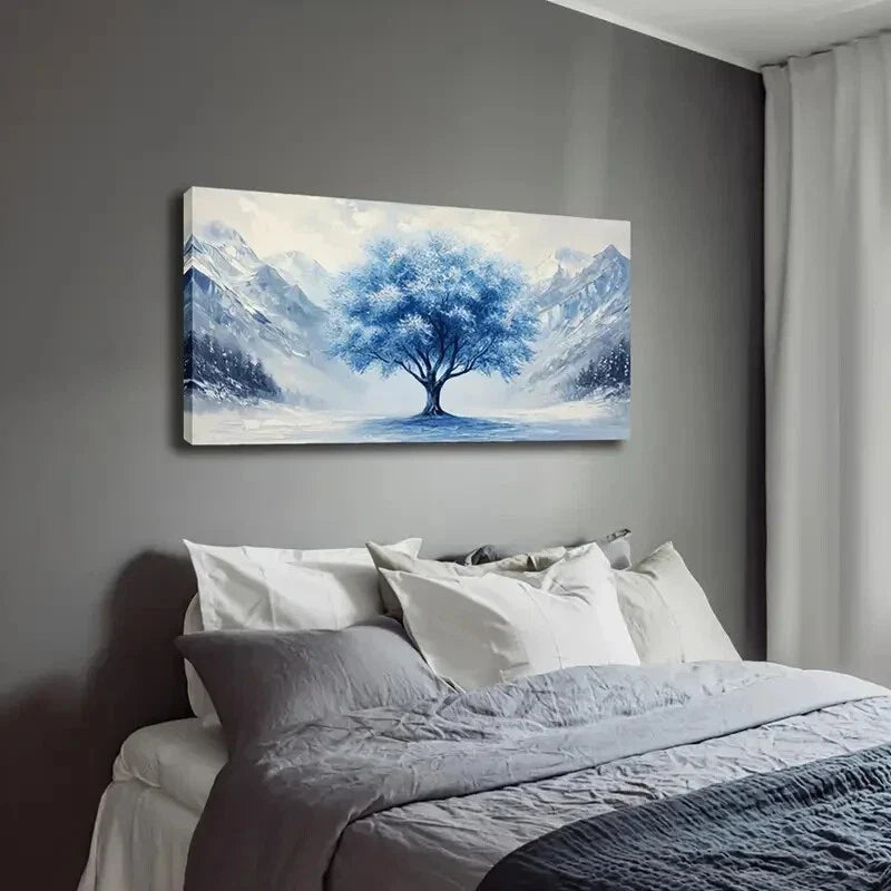 Blue And White Winter Landscape Wall Art Canvas Office Home Room Framed 120x60cm