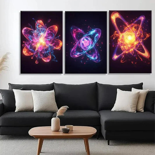 3pcs Vibrant Atomic Energy Electrifying Abstract Wall Art Set Canvas Framed 40x60cm - High Quality Print 100% Australian Made Wall Canvas Ready to Hang