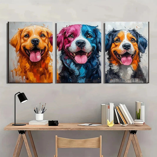 3pcs Vibrant Dog Colorful Splash Smiling Breeds Metal Print Ready to Hang Art