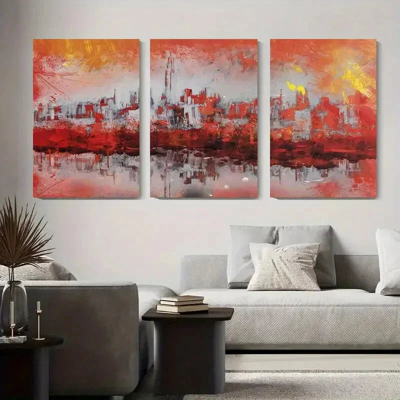 3pcs Vibrant Urban Landscape, Modern Abstract Metal Print Ready to Hang Art