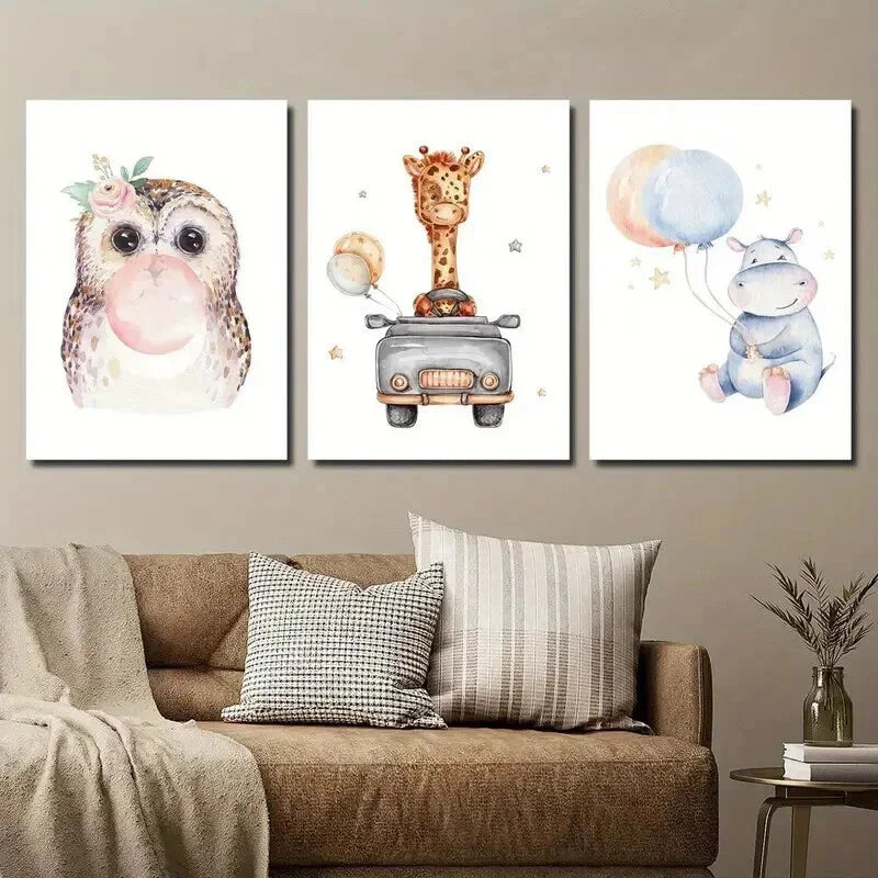 3pcs Cute Owl Car Giraffe and Balloon Hippo Wall Art Set Canvas Framed 40x60cm - High Quality Print 100% Australian Made Wall Canvas Ready to Hang