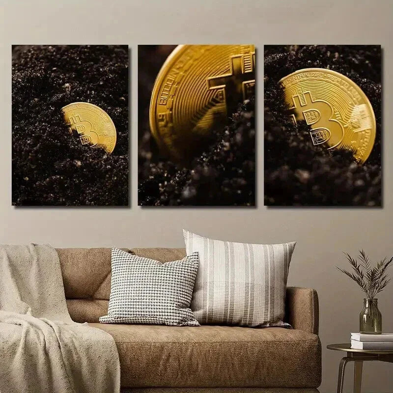 3pcs Bitcoin Photography Cryptocurrency Wall Art Set Canvas Framed 40x60cm - High Quality Print 100% Australian Made Wall Canvas Ready to Hang