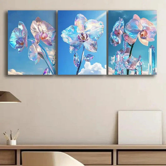 3pcs Glass Orchid Glittering Petals Perfect Wall Art Set Canvas Framed 40x60cm - High Quality Print 100% Australian Made Wall Canvas Ready to Hang