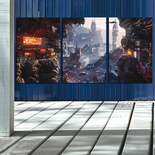 3pcs Cyberpunk Cityscape Triptych Metal Print Ready to Hang Art