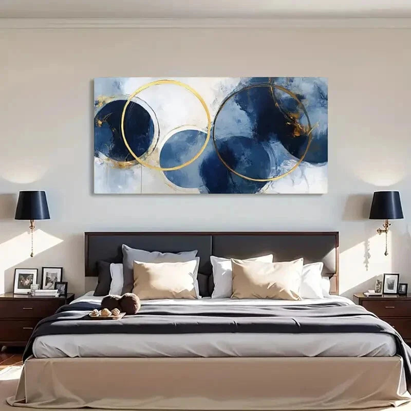 Navy Blue Tones Contemporary Wall Art Canvas Office Home Room Framed 80x45cm