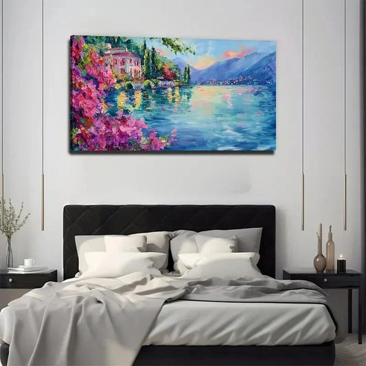 Vibrant Red Flower & Lake Scene Wall Art Canvas Office Home Room Framed 120x60cm