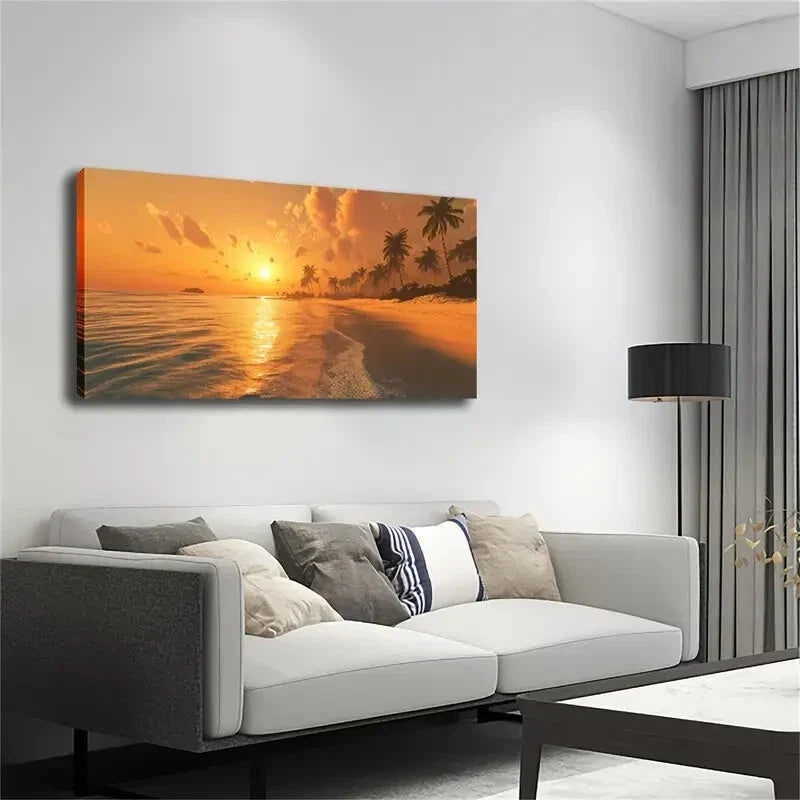 Vibrant Sunset Beach Scene with Wall Art Canvas Office Home Room Framed 120x60cm