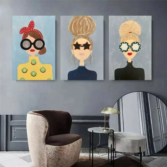 3pcs Trendy Girl Women with Fashion Glasses Metal Print Ready to Hang Art