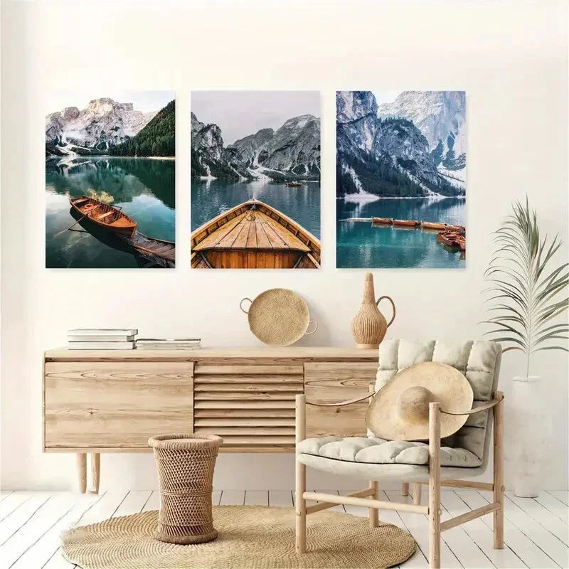 3pcs Mountain Lake Boat Nature Metal Print Ready to Hang Art