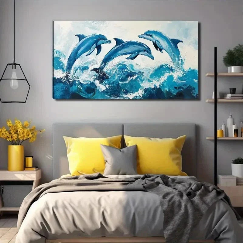 Three Jumping Dolphins Suitable Wall Art Canvas Office Home Room Framed 120x60cm
