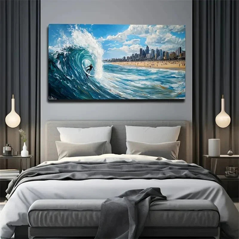 Vibrant Surfing Wave & Beach Wall Art Canvas Office Home Room Framed 120x60cm