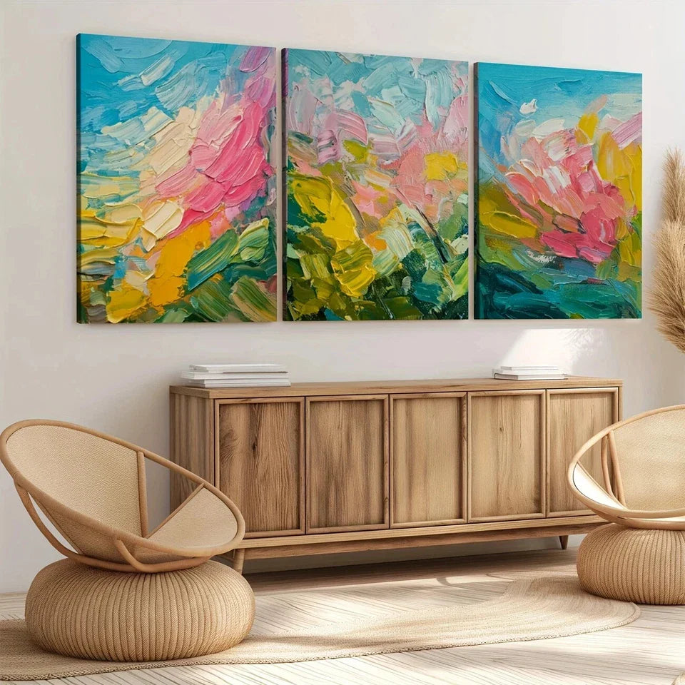 3pcs Abstract Art Blue Pink Yellow Nature Wall Art Set Canvas Framed 40x60cm - High Quality Print 100% Australian Made Wall Canvas Ready to Hang