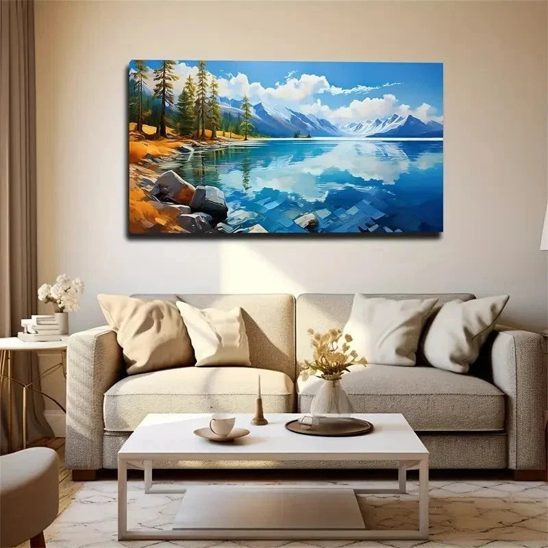 Snowy Mountain Blue Sky & Pine Wall Art Canvas Office Home Room Framed 120x60cm