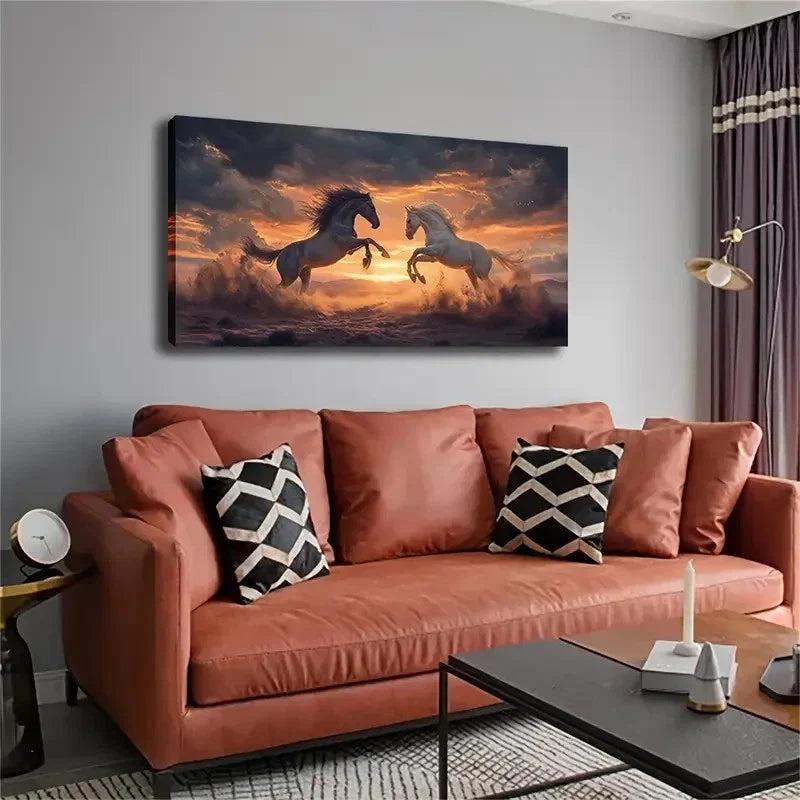 Two Horses Leaping At Sunset Wall Art canvas office home room framed 120x60cm