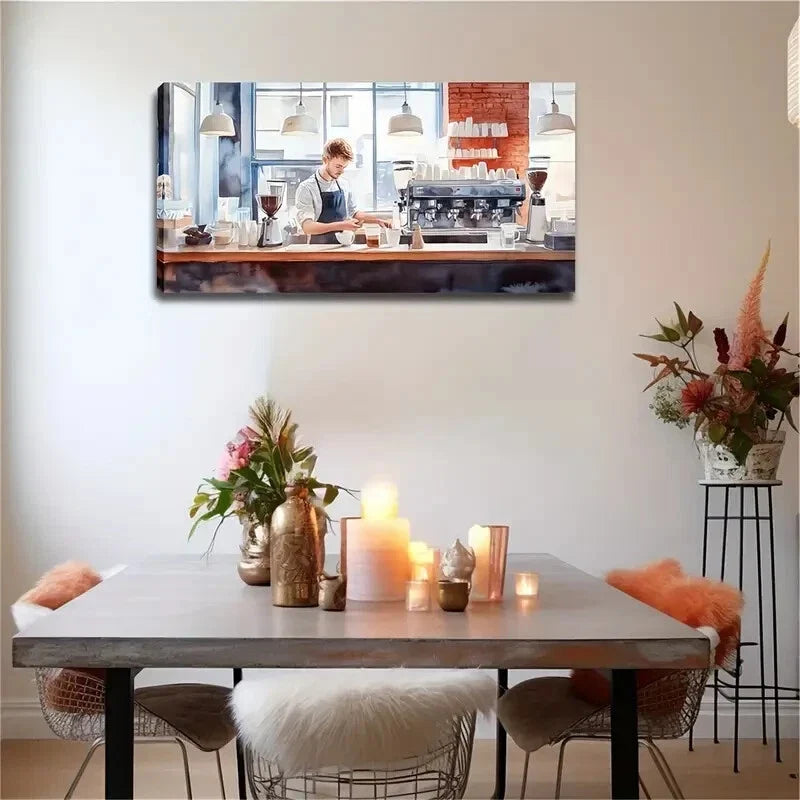 Realistic Coffee Shop Barista Wall Art Canvas Office Home Room Framed 80x45cm
