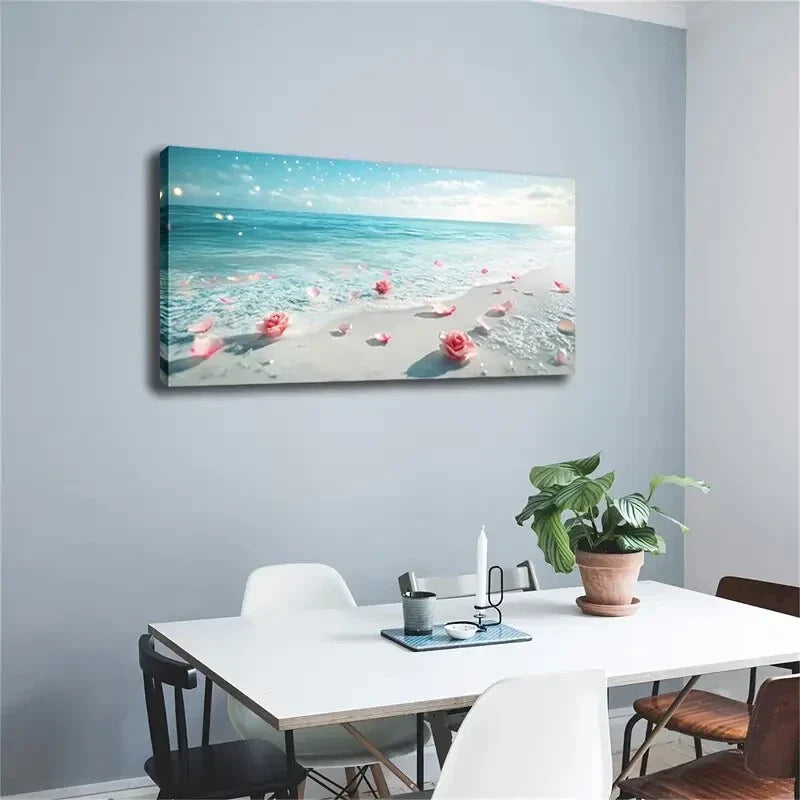Serene Beach Scene Pink Roses Wall Art Canvas Office Home Room Framed 120x60cm