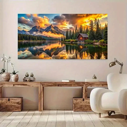 Mountain Lake Sunset Scene Wall Art Canvas Office Home Room Framed 120x60cm