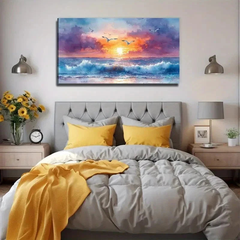 Colorful Sunset Seagull Wall Art Canvas Office Home Room Framed 120x60cm