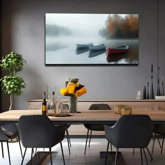 Boats and Misty Autumn Foliage Wall Art Canvas Office Home Room Framed 120x60cm