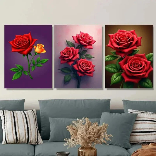 3pcs Beautiful Red Rose Elegant Floral Metal Print Ready to Hang Art