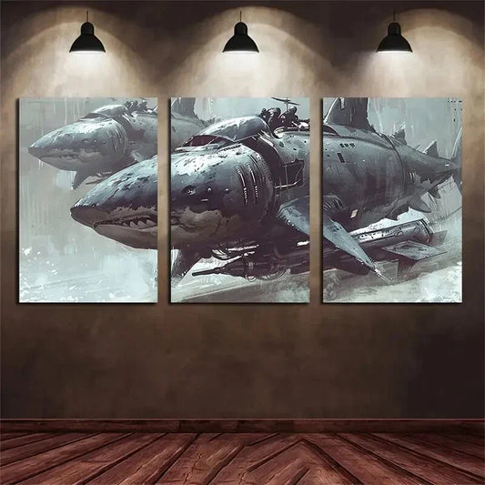 3pcs Two Mechanical Shark Black Metal Print Ready to Hang Art