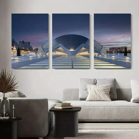 3pcs Modern Architecture at Sunset Futuristic Metal Print Ready to Hang Art