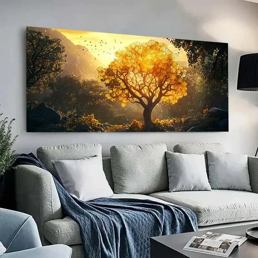 Golden Tree of Life Landscape Wall Art Canvas Office Home Room Framed 120x60cm