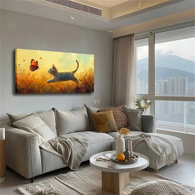 White Cat Chasing Butterfly Wall Art Canvas Office Home Room Framed 120x60cm