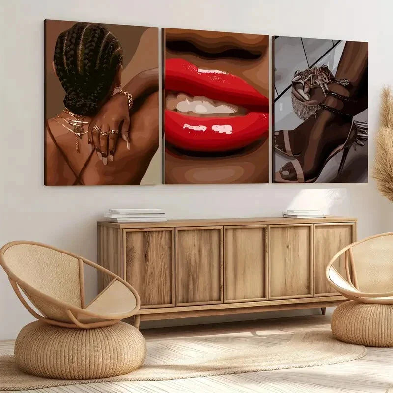 3pcs Black Female Art Boho Fashion Figures Red Wall Art Set Canvas Framed 40x60cm - High Quality Print 100% Australian Made Wall Canvas Ready to Hang
